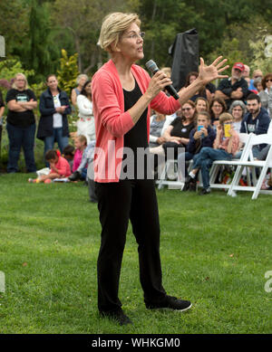 Hampton Falls, New Hampshire, USA. 02 Sep, 2019. Senator ELIZABETH WARREN (D-MA) besucht eine House party in Hampton Falls, NH, eine Seeküste Stadt eine Stunde nördlich von Boston. Credit: Brian Cahn/ZUMA Draht/Alamy leben Nachrichten Stockfoto