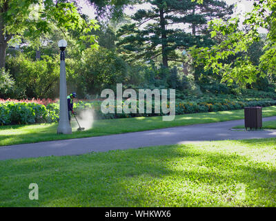 Parks Wartungsfirma strimming den Rasen früh auf einem hellen Morgen Sommer, Kommissare Park, Ottawa, Ontario, Kanada. Stockfoto