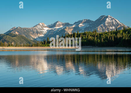 Berge im silbernen See flache Behälter widerspiegelt, auf dem alpinen Loop Scenic Byway, in Uinta-Wasatch-Cache National Forest, Utah Stockfoto