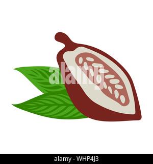 Kakaobohnen mit Blättern auf weißem Hintergrund. Flaches Design Stil. Vector Illustration Stock Vektor