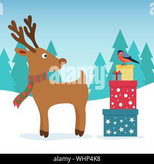 Winter Weihnachten Abbildung. Lustig, Rotwild und Gimpel mit Geschenk farbigen Kästchen. Weihnachten und Neujahr Design Grußkarten Stock Vektor