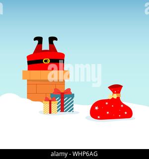 Vector Illustration von Santa Claus auf dem Dach, tauchen in den Schornstein, mit verpackten Geschenke liegen im Schnee. Weihnachten und Neujahr Design Grußkarten. Stock Vektor