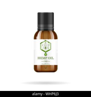 Realistische Glasflasche mit Hanföl. Mock up von Cannabis Öl extrahiert in Töpfen. Medizinisches Marihuana Logo auf dem Etikett. Vector Illustration. Stock Vektor