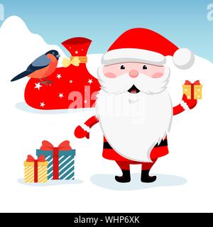 Winter Weihnachten Abbildung. Lustiger Weihnachtsmann mit Geschenk farbigen Kästchen. Weihnachten und Neujahr Design Grußkarten. Stock Vektor