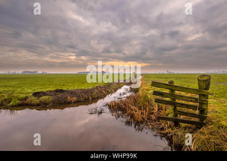 Holländische Polderlandschaft an trüben Wintertag in Friesland Stockfoto