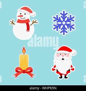 Satz von Weihnachts Sticker. Neue Jahr blue Snowflake, Schneemann, Weihnachtsmann und Kerze. Winter-Symbol. Vector Illustration. Stock Vektor