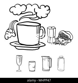 Kaffeetasse mit Küchenutensilien, Zeichnung Vektor in doodle Stil Stock Vektor