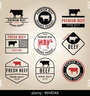 Satz von Premium Rindfleisch Etiketten, Abzeichen und Designelementen. Vector Illustration. Stock Vektor