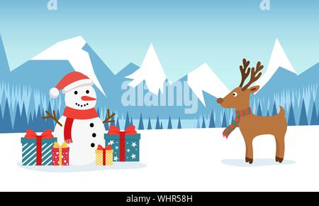 Schneemann und lustigen Hirsch auf dem Hintergrund einer winter Berglandschaft mit einem Wald und einem schneebedeckten Feld. Weihnachten und Neujahr design Gruß Stock Vektor