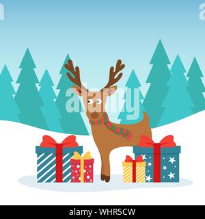 Winter Weihnachten Abbildung. Lustige Hirsch mit Geschenk farbigen Kästchen. Weihnachten und Neujahr Design Grußkarten Stock Vektor
