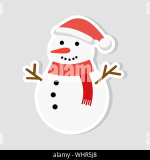 Weihnachts Sticker. Schneemann in ein neues Jahr hat und ein roter Schal. winter-Symbol. Vector Illustration. Stock Vektor