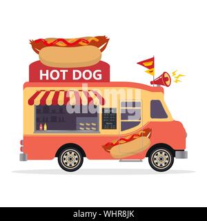 Hot Dog Essen Fahrzeug. Street Food Lkw-Konzept. Fast food auf einem weißen Hintergrund. Flaches Design Stil. Vector Illustration Stock Vektor