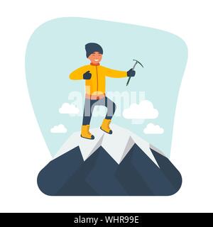 Bergsteiger auf dem Gipfel des Berges mit dem Eispickel. Junge lächelnde Bergsteiger klettern auf einem Felsen. Vektor Cartoon Illustration auf weißen isoliert Stock Vektor