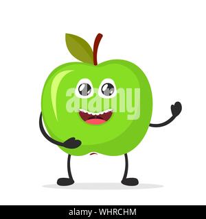 Glücklich lächelnde Apple. Lustige Obst Konzept. Flache Zeichentrickfigur Symbol. Vector Illustration. Stock Vektor