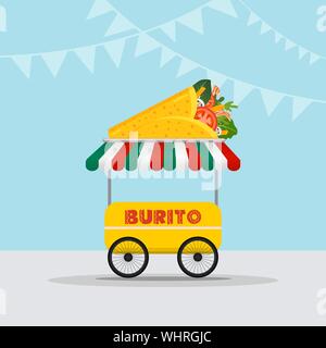 Essen lkw-Schriftzug für mexikanisches Essen essen schneller Lieferservice oder Sommer Food Festival. Lkw-van mit mexikanischem Essen, Taco und Burrito. Vektor Stock Vektor