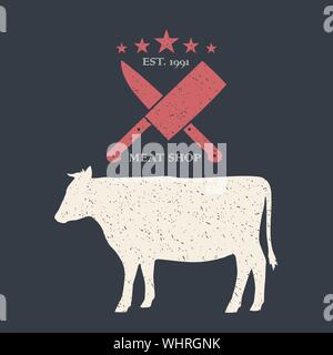 Rindfleisch. Vintage Poster für Wurstwaren Fleisch Shop. Logo, Retro, organische Produkte vom Bauernhof. Rindfleisch Silhouette. Logo Vorlage. Vector Illustration. Stock Vektor