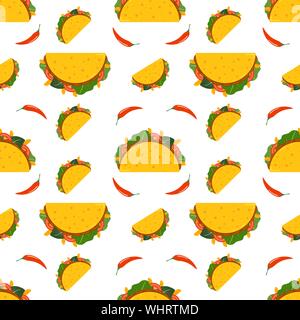 Traditionellen mexikanischen Taco. Taco logo für Restaurant oder Cafe Design. Mexikanisches Essen. Vector Illustration nahtlose Muster. Stock Vektor