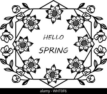 Hallo Frühling Schriftzug, mit dekorativen Blatt blumig Frames. Vektor Stock Vektor