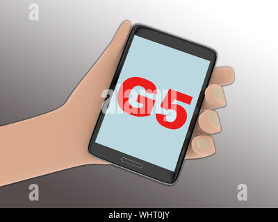 3D-Darstellung von G5-Script auf dem Bildschirm eines cellulr Telefon von Hand gehalten, auf dunklen Steigung isoliert. Stockfoto