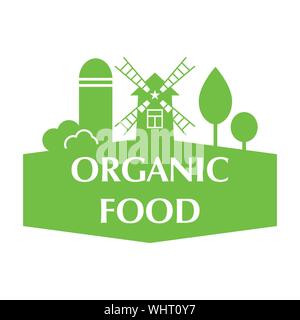 Farm House Konzept Logo. Mit Bauernhof Landschaft Vorlage. Etikett für organische und natürliche Produkte vom Bauernhof. Grüne Logo auf weißem Hintergrund Stock Vektor