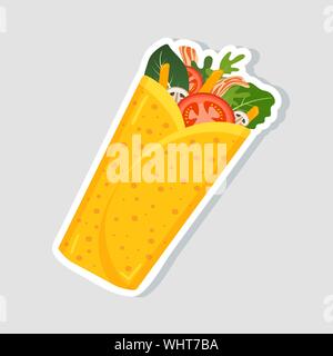 Traditionelle mexikanische Burrito. Würzigen leckeren burrito Logo für Restaurant oder Cafe Design. Mexikanisches Essen. Vector Illustration. Stock Vektor