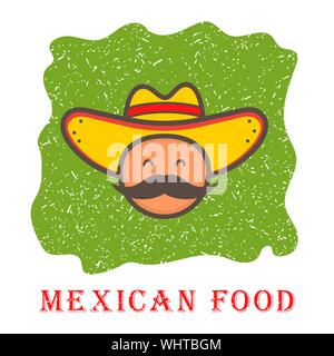 Cute Mexiko Mann Gesicht in den nationalen sombrero Hut. logo Template Design. Mexikanisches Essen. Vector Illustration in Flat, cartoon Charakter. Stock Vektor
