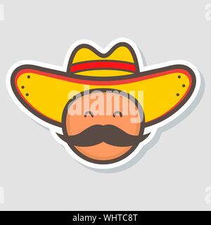 Cute Mexiko Mann Gesicht in den nationalen sombrero Hut. logo Template Design. Mexikanisches Essen. Vector Illustration in Flat, cartoon Charakter. Stock Vektor