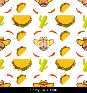 Traditionellen mexikanischen Taco. Taco logo für Restaurant oder Cafe Design. Mexikanisches Essen. Vector Illustration nahtlose Muster. Stock Vektor