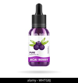 Acai Beeren Öl im Glas. Vektor packaging design Vorlage und Emblem - Schönheit und Kosmetik Öl - Acai Berry. Mock up Durchstechflasche mit acai Öl Wesen. Stock Vektor