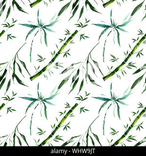 Bambus grüne Blätter und Stiele. Aquarell Hintergrund Abbildung. Nahtlose Muster. Stockfoto
