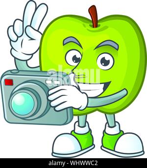 Fotograf Granny Smith Apfel Grün cartoon Maskottchen Stock Vektor