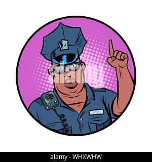 African Police Officer Index Finger nach oben. Comic cartoon Pop Art retro Vektor Zeichnung Abbildung Stock Vektor