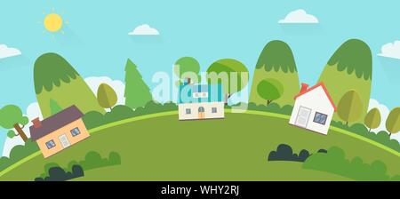 Schöne Natur Landschaft mit Häusern und Hügeln im Hintergrund. Home mit grünen Hügeln und blauer Himmel. Weltbild Natur Landschaft mit Haus und Sky backgro Stock Vektor
