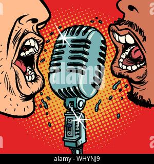 Afrikanische und Kaukasier, Vintage Retro Mikrofon. Musik standup Konzert radio podcast Blog. Comic cartoon Pop Art retro Vektor Illustration drawi Stock Vektor