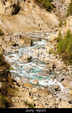 Marsyangdi River Valley. Himalaya, Annapurna Conservation Area. Mountain River in Nepal. Stockfoto