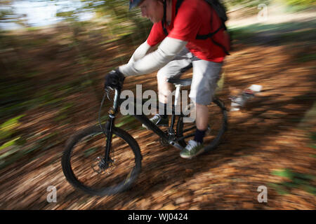 Bewegung der Hund jagen Menschen auf dem Mountainbike durch den Wald verschwommen Stockfoto