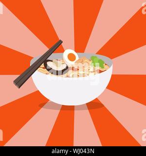 Nudeln Restaurant mit weißen Schüssel Vektor. Ramen japanische Nudelsuppe mit glänzenden Hintergrund. Rot Schüssel Nudeln Suppe mit Stäbchen Stock Vektor
