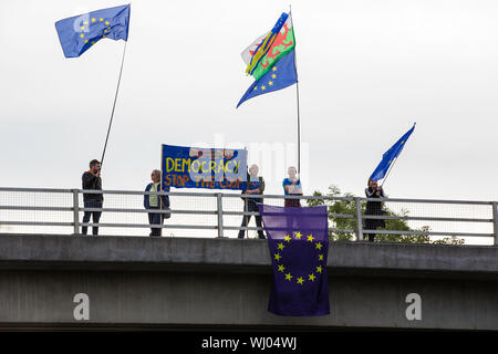 Carmarthen, Wales, UK. 3. September 2019. Anhänger der Carmarthenshire 4 Europa halten eine Demonstration gegen Großbritannien aus der Europäischen Union. Auf einem entscheidenden Tag in der britischen Politik, mit den Oppositionsparteien versuchen, Rechtsvorschriften in Westminster, dass Block wäre kein deal Brexit, Mitkämpfer in Carmarthen Protest gegen den Austritt aus der EU und der proroguing des Parlaments zu übergeben. Credit: gruffydd Ll. Thomas/Alamy leben Nachrichten Stockfoto