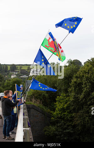 Carmarthen, Wales, UK. 3. September 2019. Anhänger der Carmarthenshire 4 Europa halten eine Demonstration gegen Großbritannien aus der Europäischen Union. Auf einem entscheidenden Tag in der britischen Politik, mit den Oppositionsparteien versuchen, Rechtsvorschriften in Westminster, dass Block wäre kein deal Brexit, Mitkämpfer in Carmarthen Protest gegen den Austritt aus der EU und der proroguing des Parlaments zu übergeben. Credit: gruffydd Ll. Thomas/Alamy leben Nachrichten Stockfoto