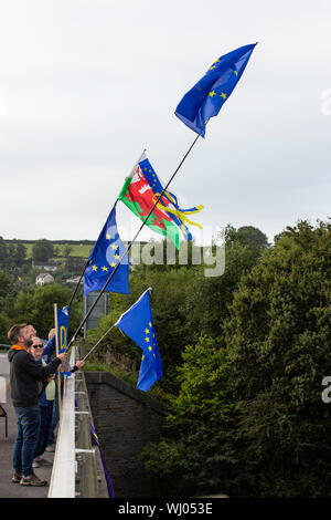 Carmarthen, Wales, UK. 3. September 2019. Anhänger der Carmarthenshire 4 Europa halten eine Demonstration gegen Großbritannien aus der Europäischen Union. Auf einem entscheidenden Tag in der britischen Politik, mit den Oppositionsparteien versuchen, Rechtsvorschriften in Westminster, dass Block wäre kein deal Brexit, Mitkämpfer in Carmarthen Protest gegen den Austritt aus der EU und der proroguing des Parlaments zu übergeben. Credit: gruffydd Ll. Thomas/Alamy leben Nachrichten Stockfoto