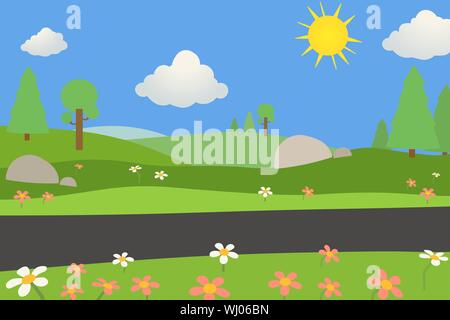 Natur Landschaft mit Straße im Sommer Tag. Wiese Ansicht mit Wolken. Grünes Feld Natur Szene. öffentlichen Park am Tag. Schöne Szene Park Stock Vektor