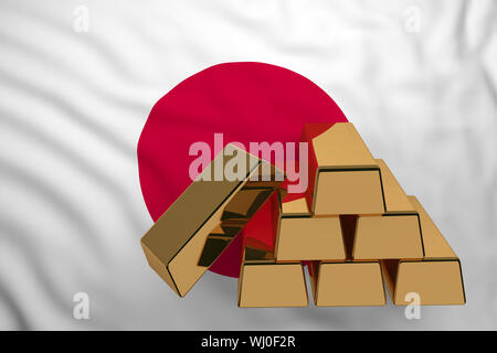 Gold Bars auf der Flagge Japan. 3D-Rendering Stockfoto
