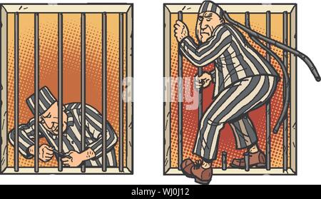 Ein gefangener entkommt aus dem Gefängnis. Jailbreak. Comic cartoon Pop Art retro Abbildung hand Zeichnung Stock Vektor