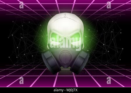 Zukunft synthwave Cyberpunk Hintergrund. Totenkopf mit Gasmaske auf Zukunft Retro Stil Hintergrund mit Linien und Raum. Vector Illustration Stock Vektor