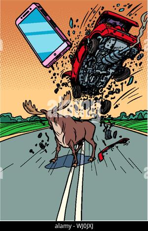 Tiere auf der Straße. Der Fahrer wurde von einem Smartphone abgelenkt und das Auto zusammenstieß. Comic cartoon Pop Art retro Vektor illustration Zeichnung Stock Vektor