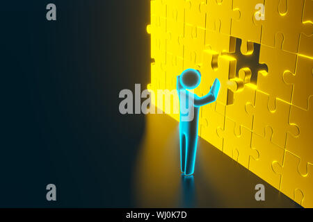 3d Mann, kleine Person einfügen letzte Teil eines Puzzles. Geschäftskonzept. 3D-Rendering Stockfoto