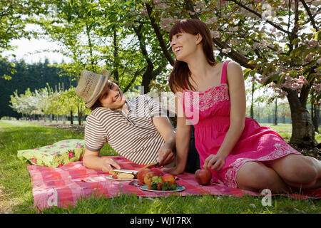 Lächelnden jungen Paar beim Picknick im Park Stockfoto