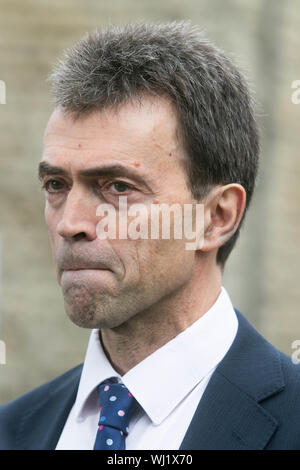 Westminster London, UK. 3. Sep 2019. Liberaler Demokrat Pro bleiben MP Tom Bremse gibt ein Interview zu den Medien als Politiker aus ihrer Sommerpause des Parlaments zurück. Credit: Amer ghazzal/Alamy leben Nachrichten Stockfoto