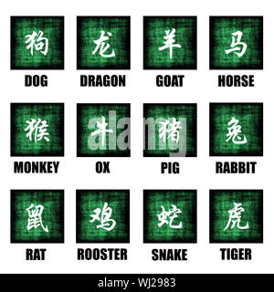 Chinesisches Sternzeichen Tiere Lunar Astrologie Kunst Set Stockfoto