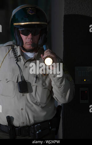 Verdächtige im mittleren Alter Polizist mit Taschenlampe Patrouillen in der Nacht Stockfoto